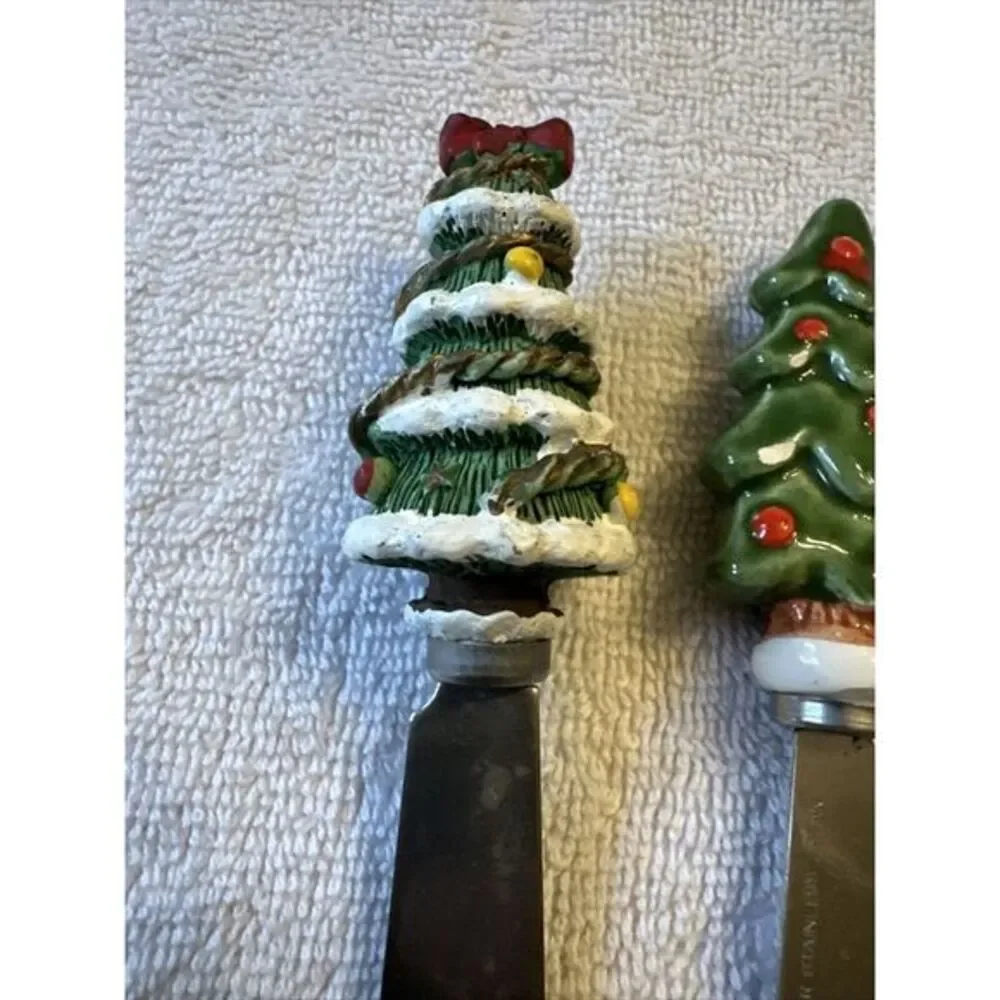 3 Vintage Christmas Tree Snack Spreaders   Knobler Stainless‎ Japan